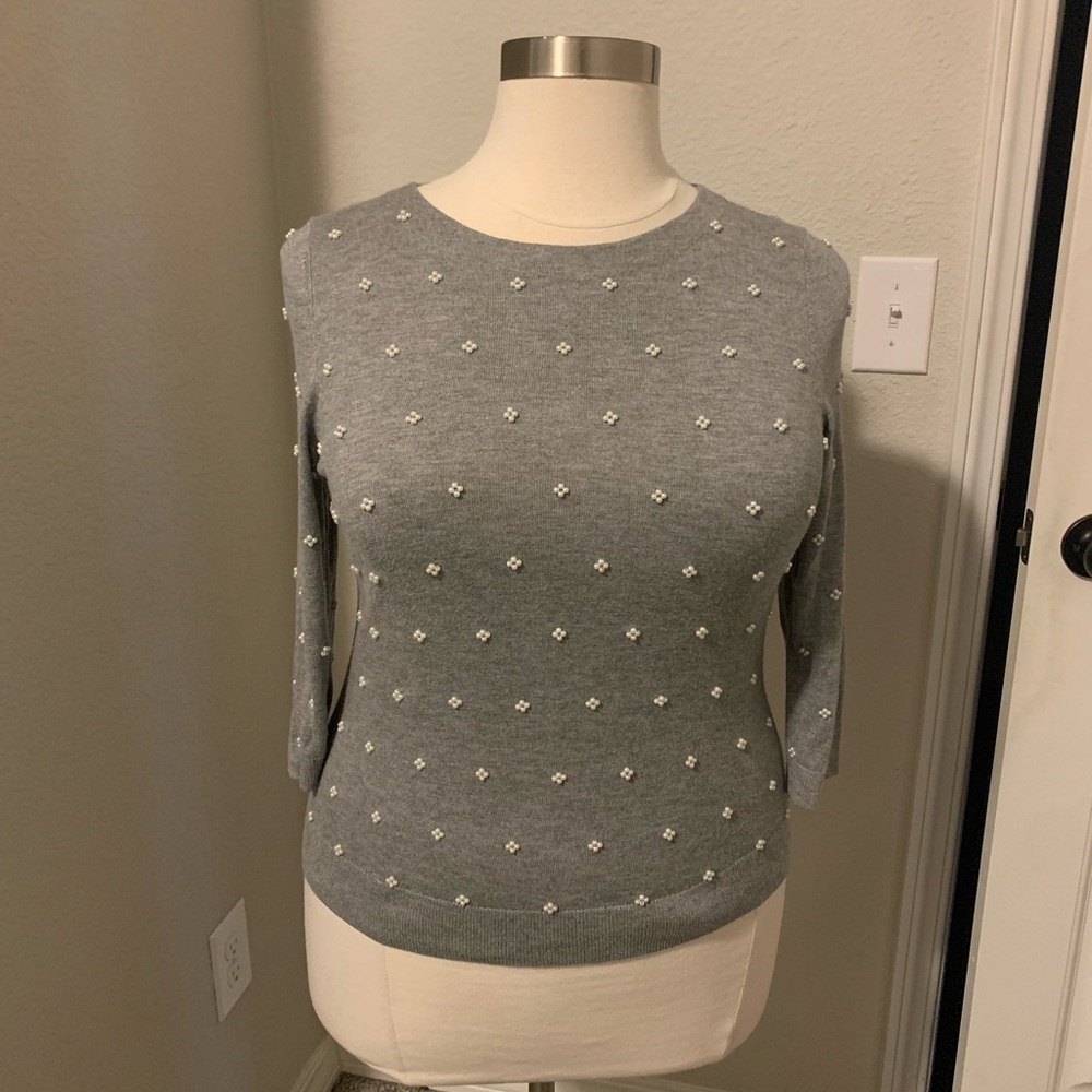T-33 Talbots Gray Sweater with White Bead Details